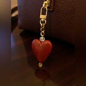 Gold Tone and Large Wooden Red Heart Keychain